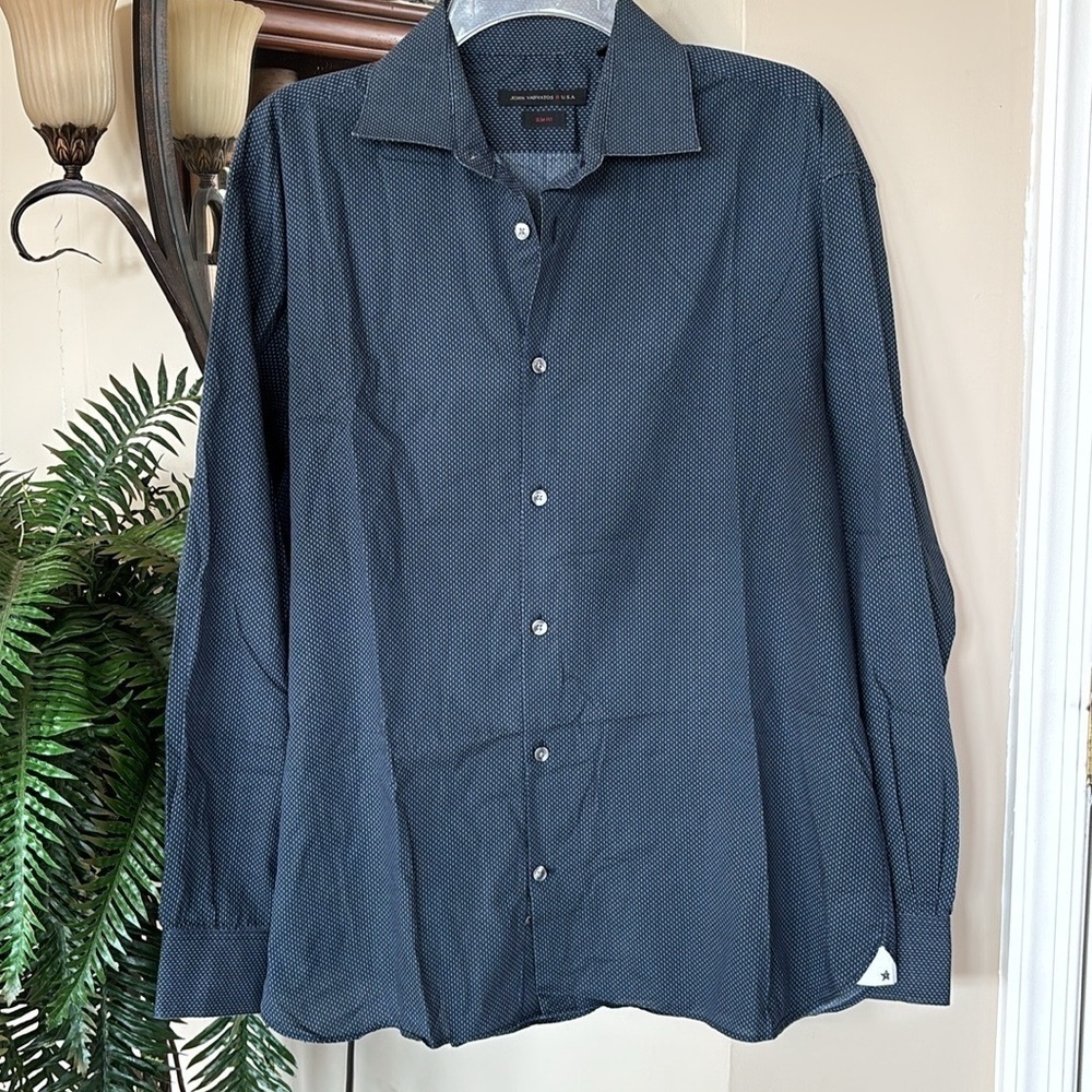 John Varvatos Blue Long Sleeved Button Down Dress Shirt White Dotted Slim Fit